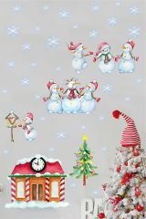 Şeffaf Sticker Yılbaşı Evi Kardan Adamlar ve Kar Taneleri Çocuk Bebek Odası Duvar Cam Sticker