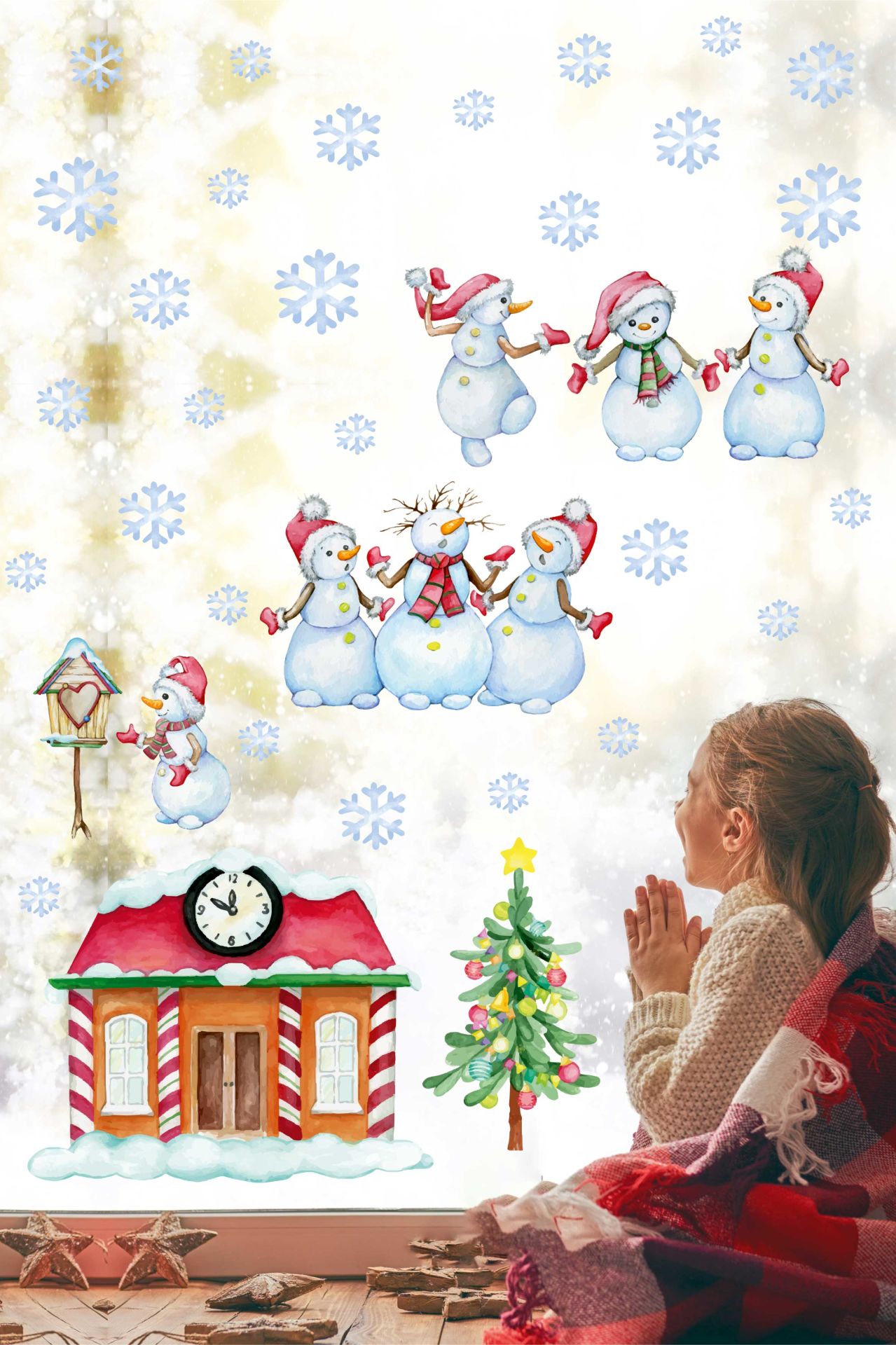 Şeffaf Sticker Yılbaşı Evi Kardan Adamlar ve Kar Taneleri Çocuk Bebek Odası Duvar Cam Sticker