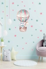 Suluboya Sevimli Hayvanlar Uçan Balon ve Yıldızlar Çocuk Odası Duvar Sticker