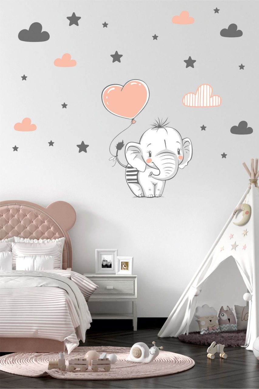 Sevimli Fil, Bulut ve Yıldızlar Çocuk Odası Duvar Sticker