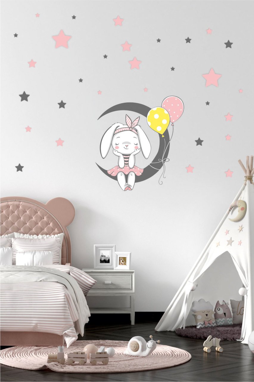 Sevimli Tavşan ve Ay Çocuk Odası Duvar Sticker
