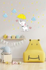 Sevimli Fil, Bulut ve Yağmur Damlaları Çocuk Odası Duvar Sticker