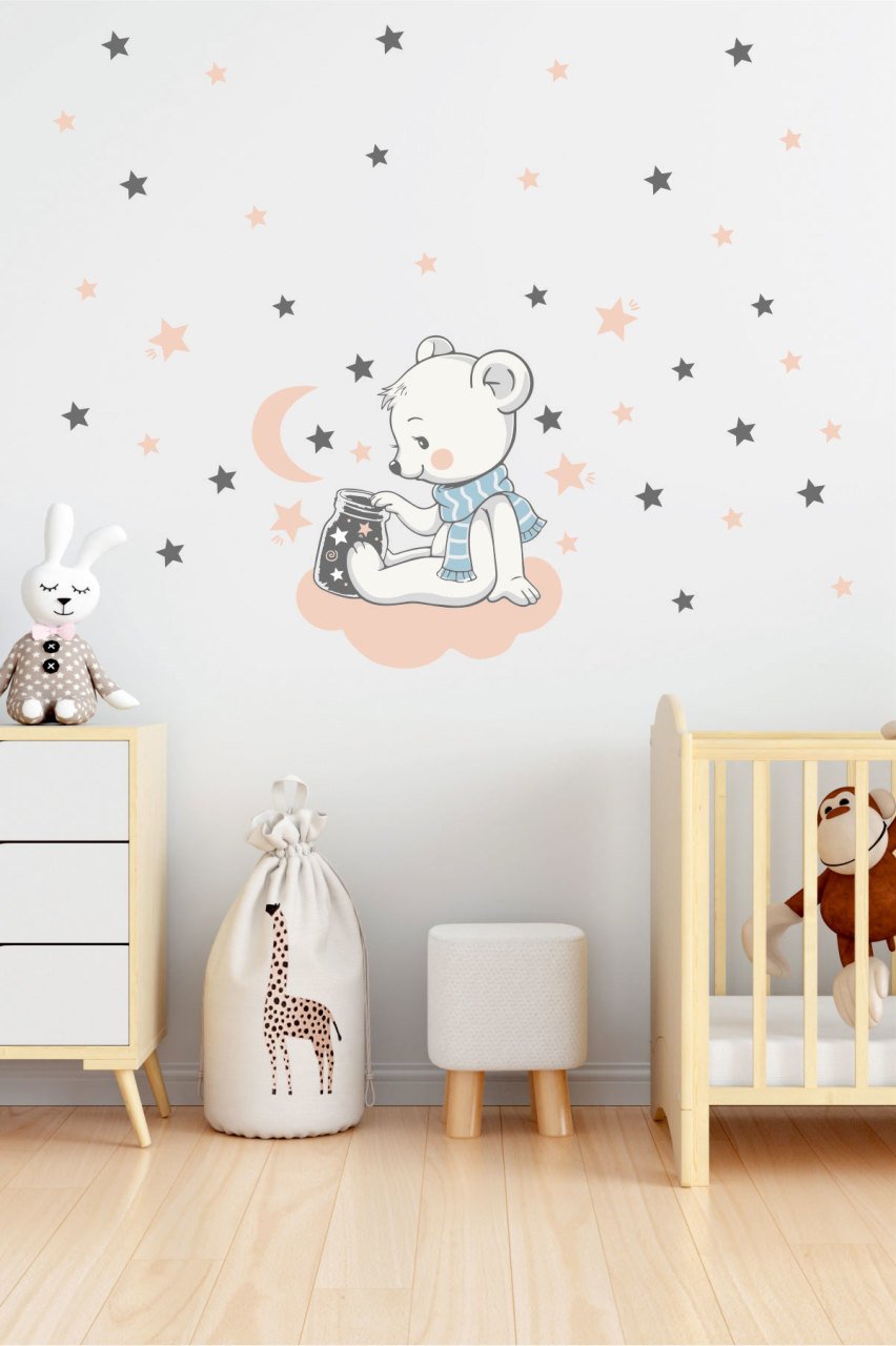 Sevimli Ayıcık, Ay ve Yıldızlar Çocuk Odası Duvar Sticker