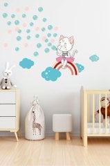 Sevimli Kedicik ve Baloncuklar Çocuk Odası Duvar Sticker