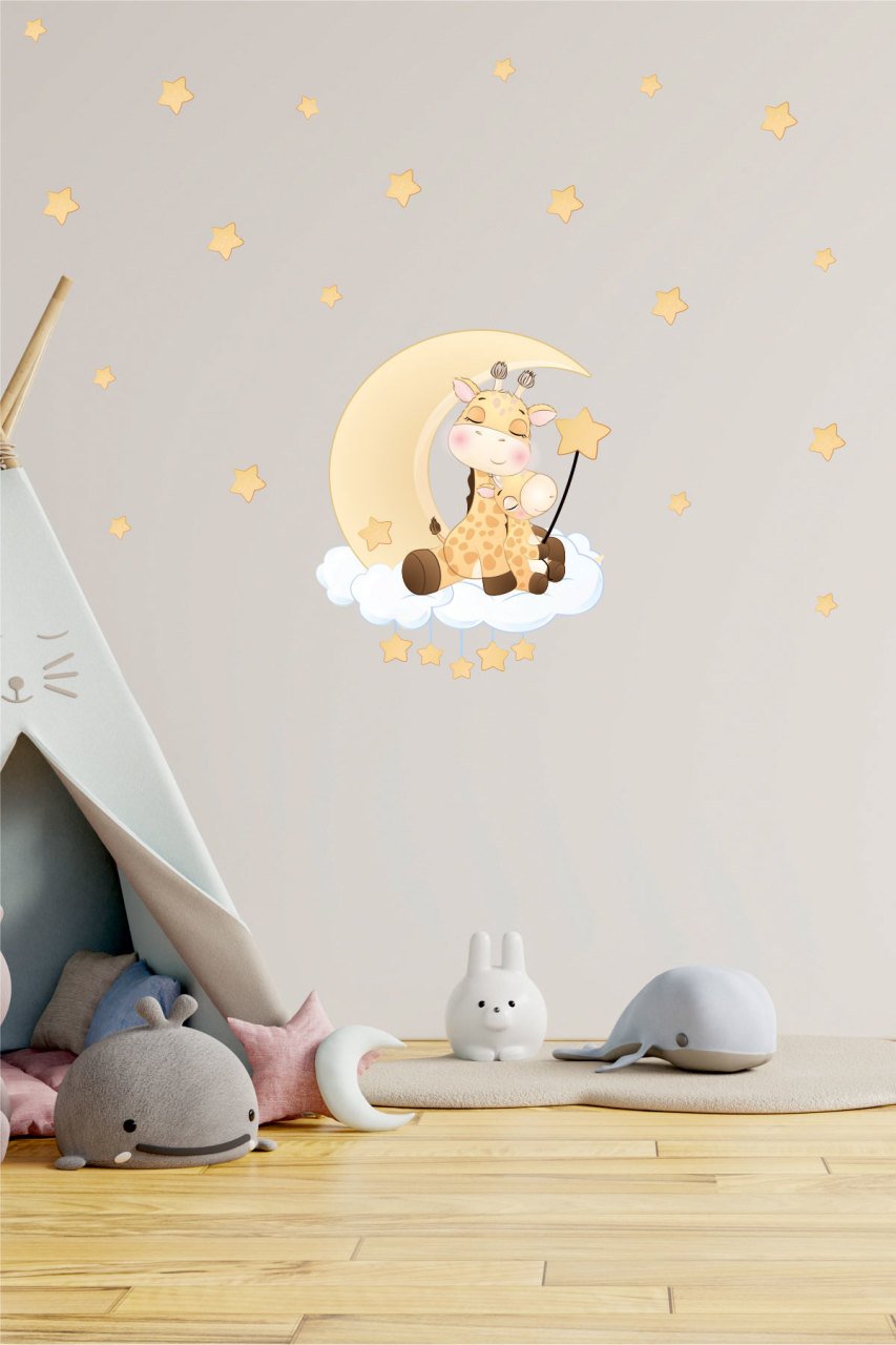 Ay Üstünde Sevimli Zürafalar ve Yıldızlar Çocuk Odası Duvar Sticker
