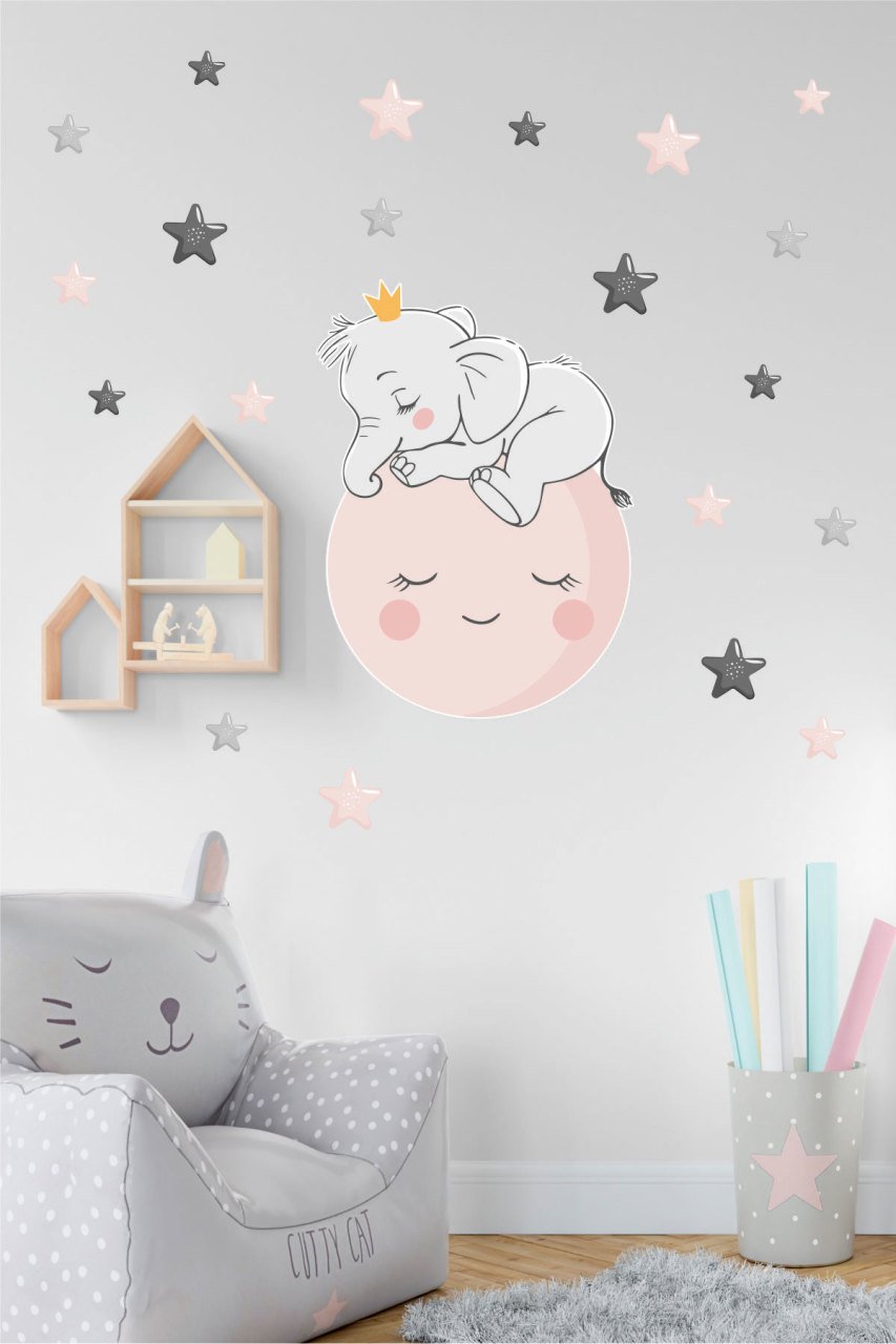 Ay Üstünde Uyuyan Sevimli Fil ve Yıldızlar Çocuk Odası Duvar Sticker
