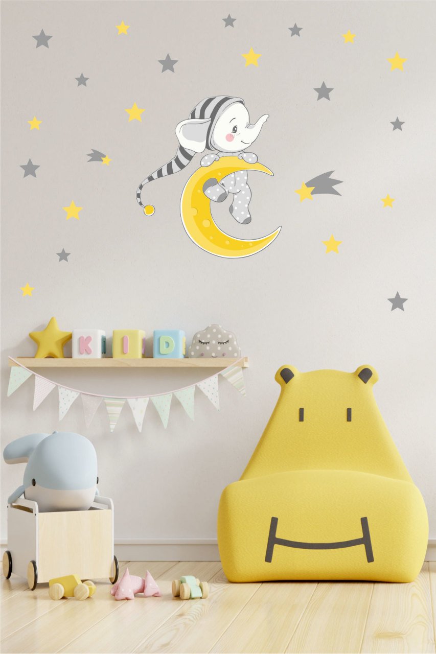 Uykucu Bebek Fil ve Yıldızlar Çocuk Odası Duvar Sticker