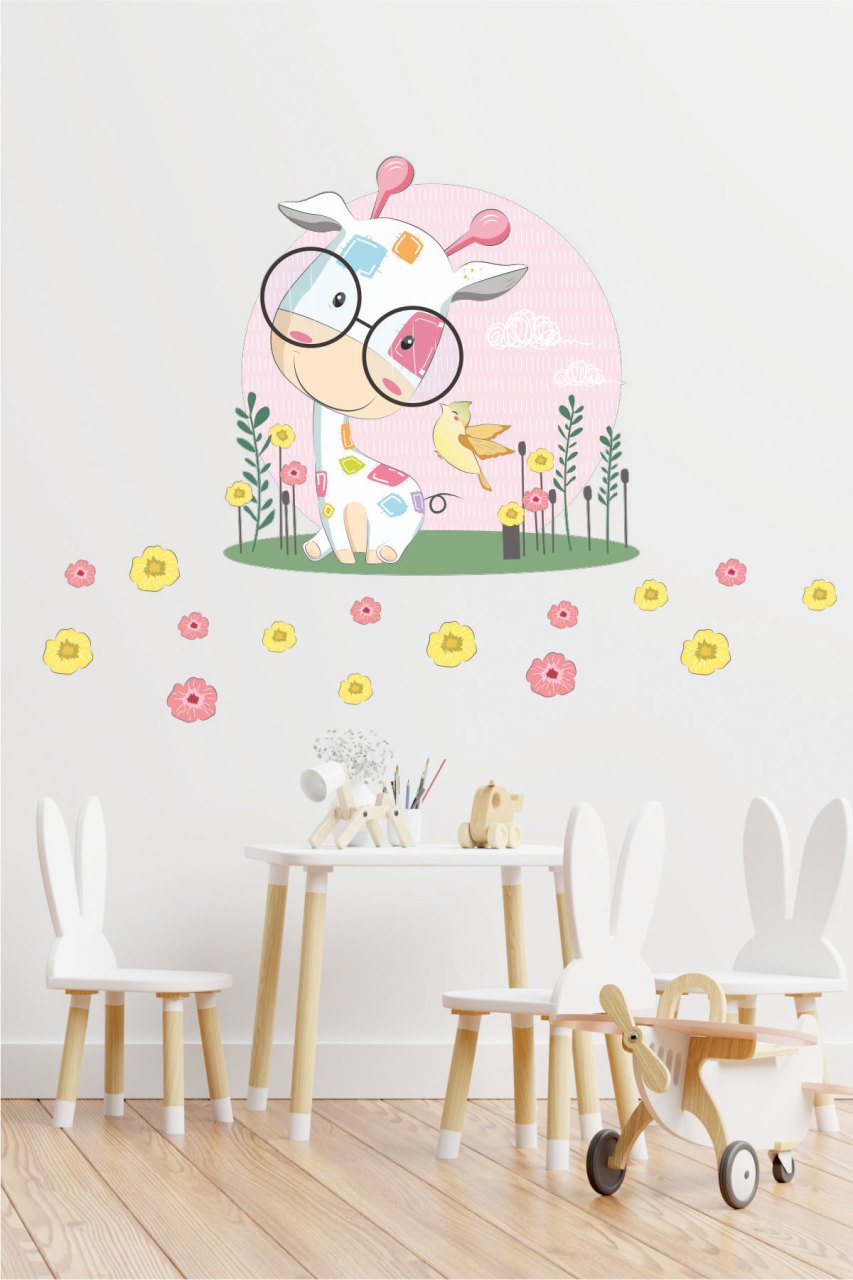 Sevimli Zürafa ve Çiçekler Çocuk Odası Duvar Sticker
