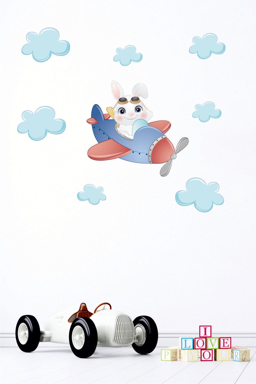 Uçan Tavşan ve Bulutlar Çocuk Odası Duvar Sticker