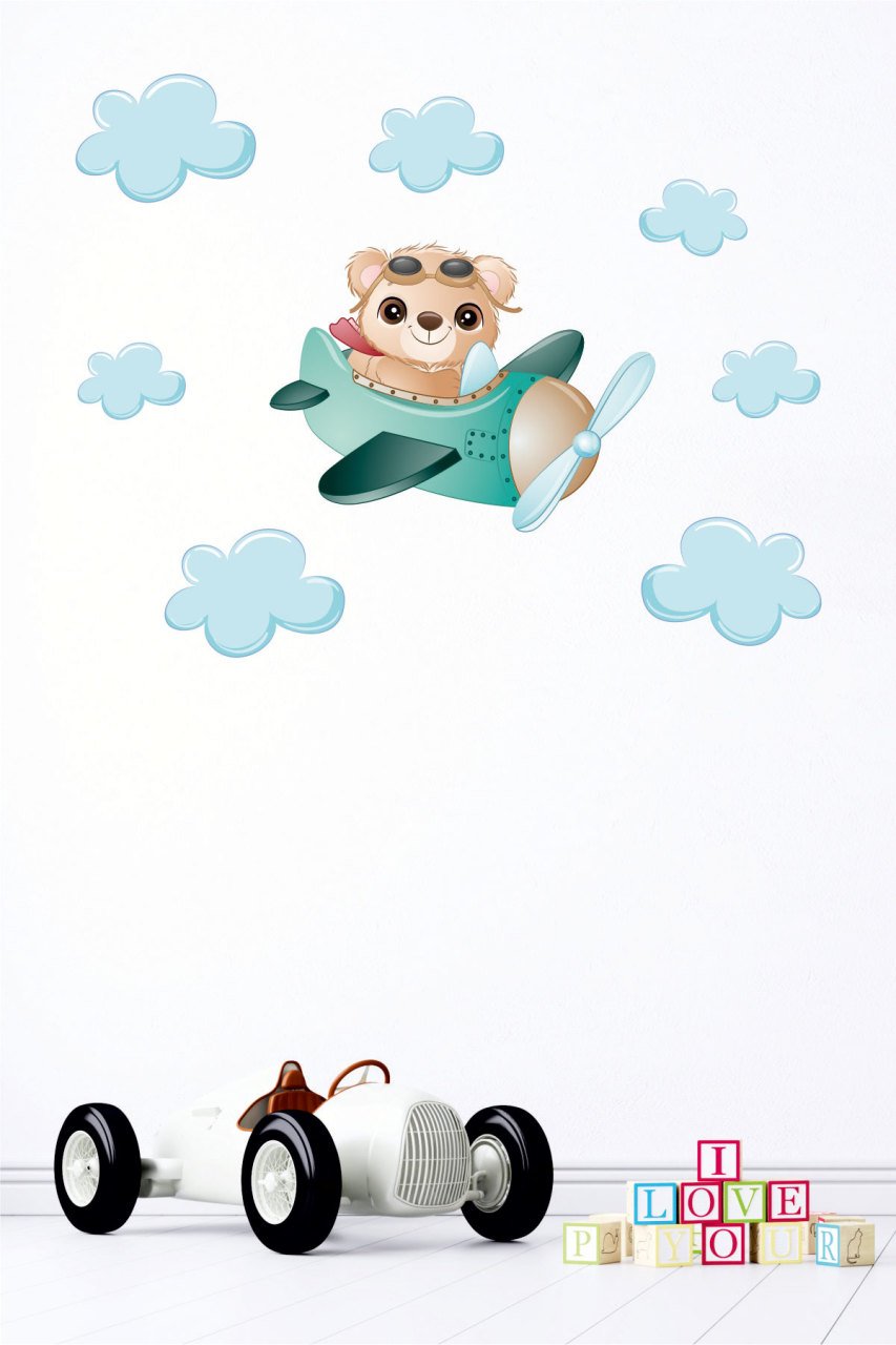Uçan Sevimli Ayıcık ve Bulutlar Çocuk Odası Duvar Sticker