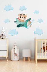 Uçan Sevimli Ayıcık ve Bulutlar Çocuk Odası Duvar Sticker