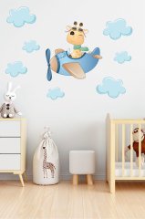 Uçan Sevimli Zürafa ve Bulutlar Çocuk Odası Duvar Sticker