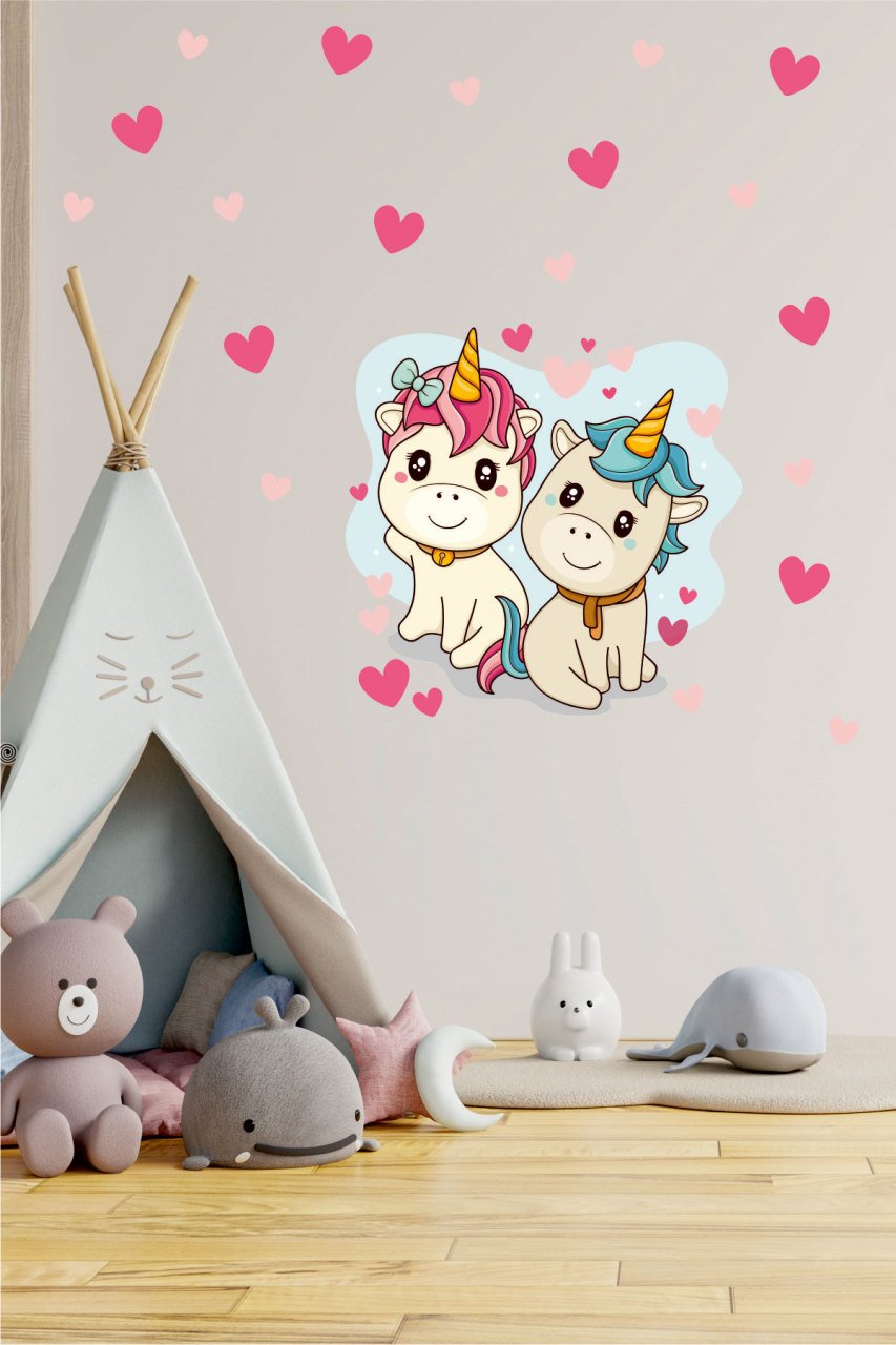 Sevimli Unicornlar ve Kalpler Çocuk Odası Duvar Sticker