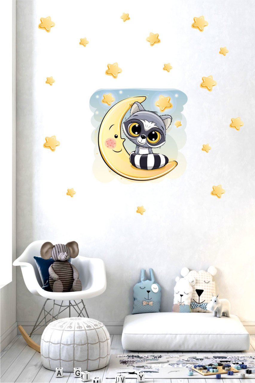 Aydaki Sevimli Rakun ve Yıldızlar Çocuk Odası Duvar Sticker
