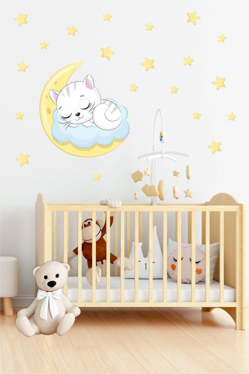 Uyuyan Sevimli Kedicik ve Yıldızlar Çocuk Odası Duvar Sticker