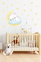 Uyuyan Sevimli Kedicik ve Yıldızlar Çocuk Odası Duvar Sticker