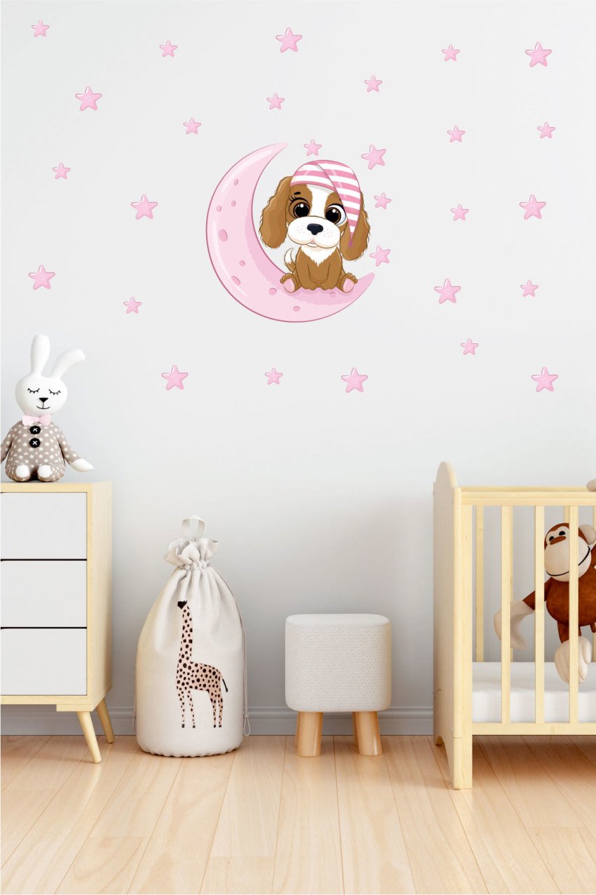 Uykucu Köpekcik ve Pembe Yıldızlar Çocuk Odası Duvar Sticker