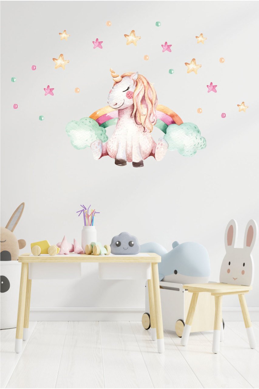Suluboya Unicorn ve Objeler Çocuk Odası Duvar Sticker