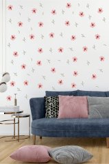 Suluboya Pembe Çiçekler ve Yeşil Yapraklar Duvar Sticker