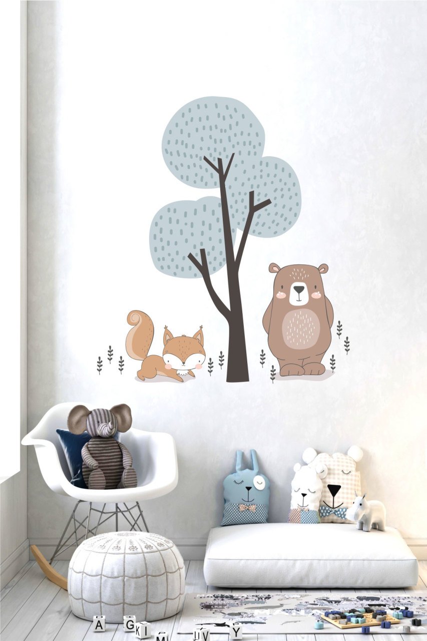 Ağaç Altındaki Tilki ve Sevimli Ayı Çocuk Odası Duvar Sticker