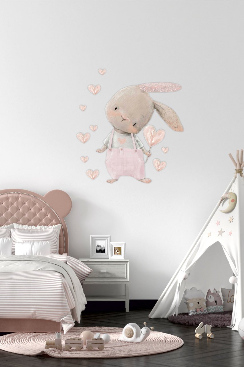 Sevimli Tavşan Kalp ve Puantiyeler Çocuk Odası Duvar Sticker