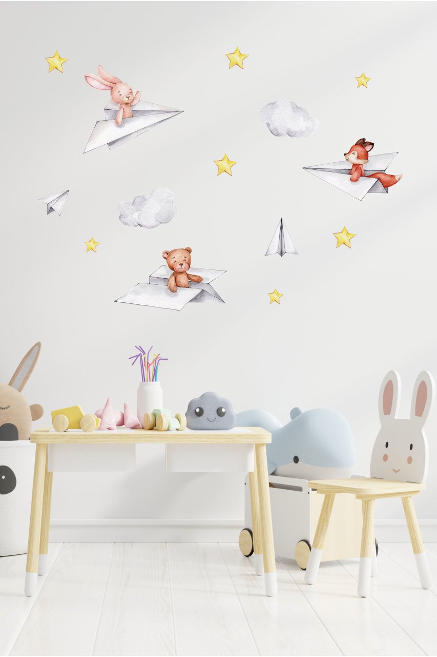 Suluboya Kağıttan Uçaktaki Sevimli Hayvanlar, Bulut ve Yıldızlar Çocuk Odası Duvar Sticker