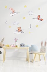 Suluboya Kağıttan Uçaktaki Sevimli Hayvanlar, Bulut ve Yıldızlar Çocuk Odası Duvar Sticker