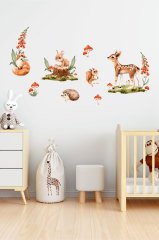 Suluboya Ormandaki Sevimli Canlılar ve Çiçekler Duvar Sticker