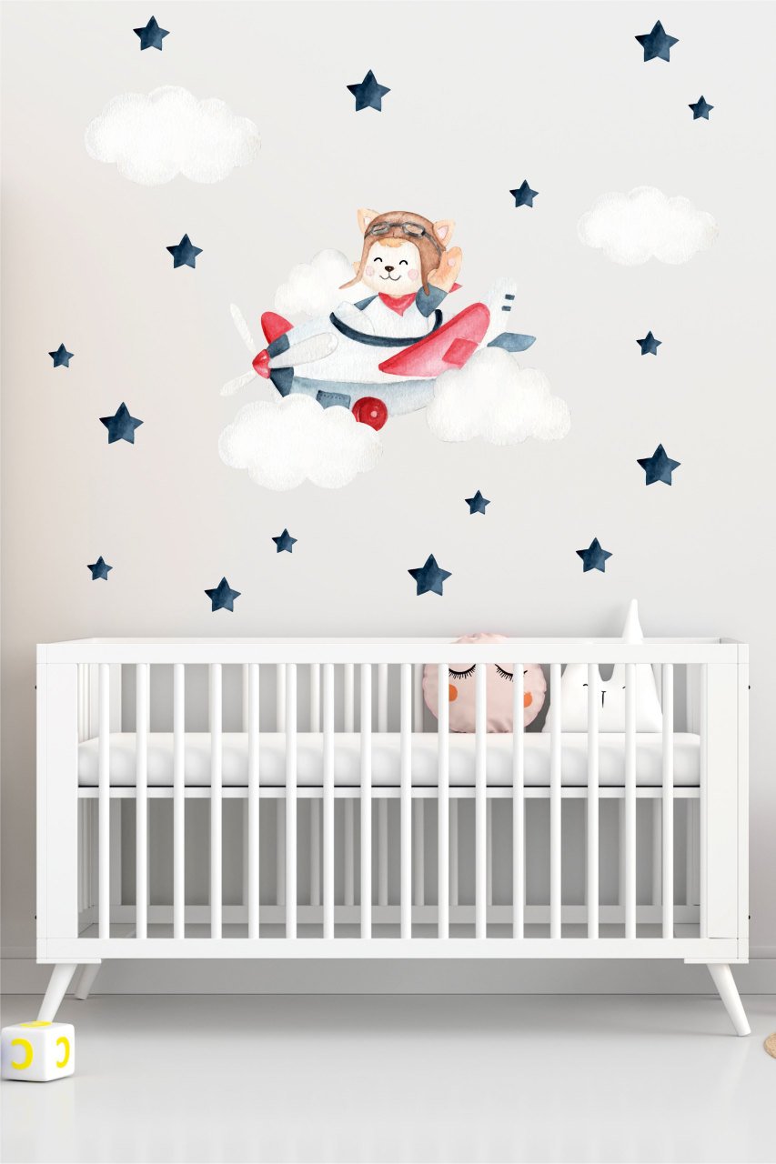 Sevimli  Pilot, Bulut ve Yıldızlar Çocuk Odası Duvar Sticker