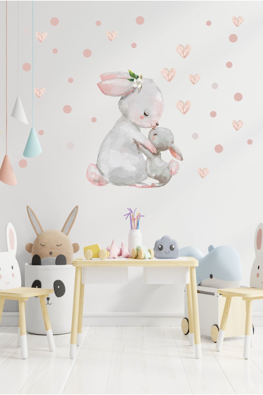 Sevimli Tavşanlar, Kalp ve Puantiyeler Çocuk Odası Duvar Sticker