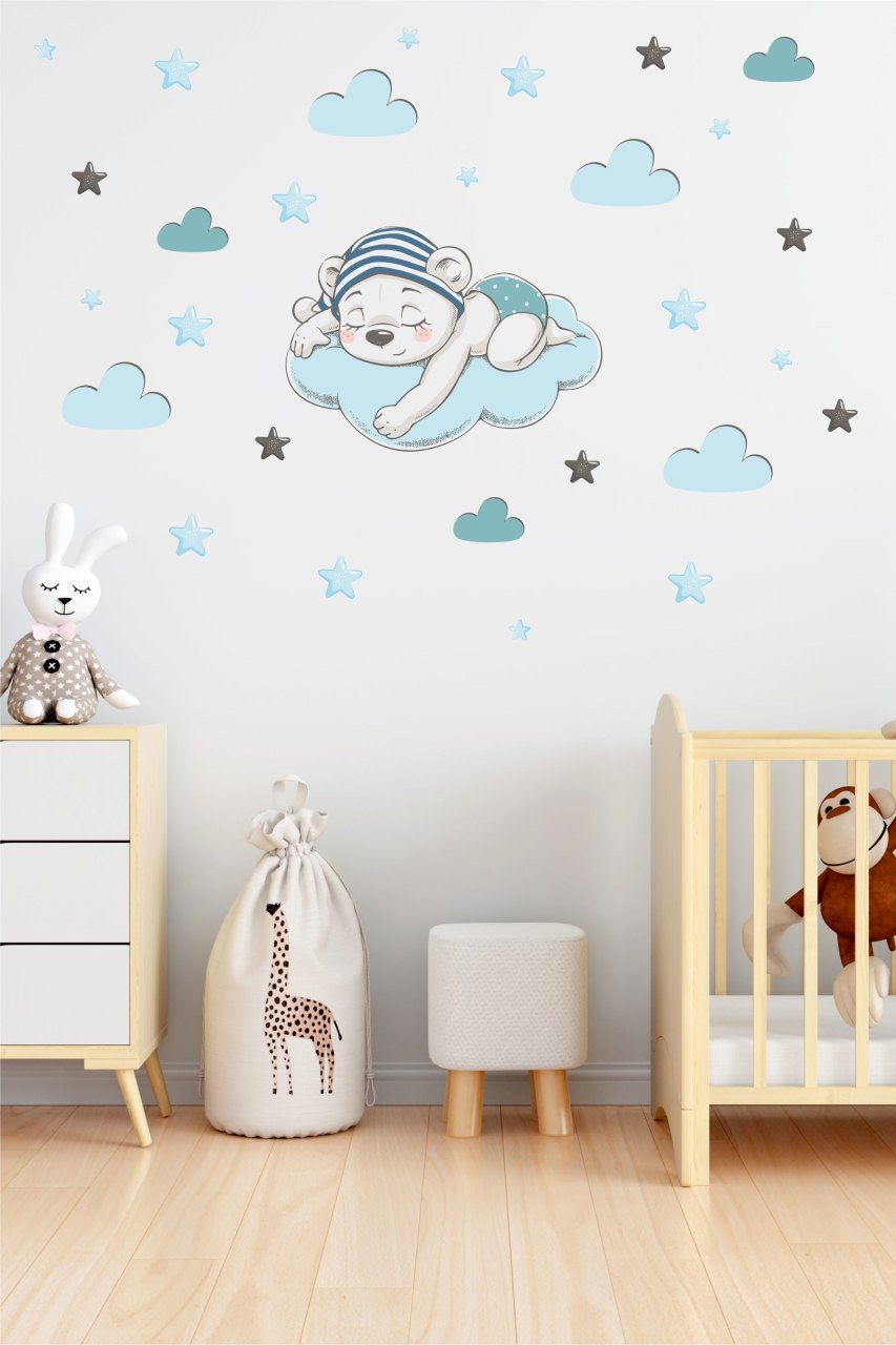 Uyuyan Sevimli Ayıcık, Bulut ve Yıldızlar Çocuk Odası Duvar Sticker