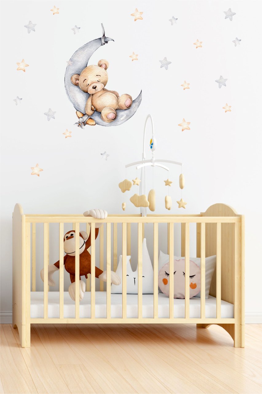 Suluboya Ay Üzerinde Uyuyan Sevimli Ayıcık ve Yıldızlar Çocuk Odası Duvar Sticker