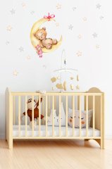 Suluboya Ay Üzerinde Uyuyan Sevimli Ayıcık ve Yıldızlar Çocuk Odası Duvar Sticker