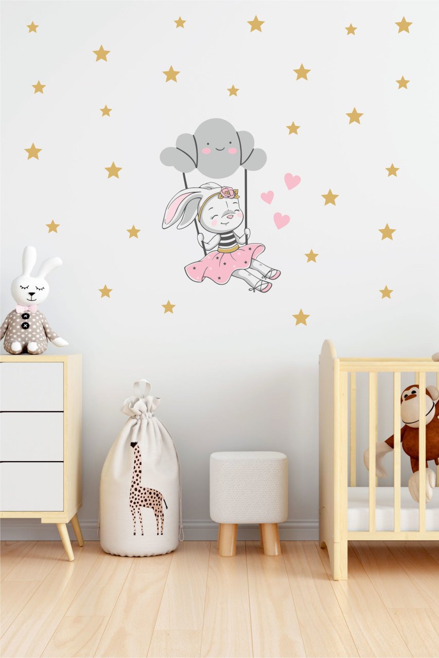 Bulutta Sallanan Sevimli Tavşan Çocuk Odası Duvar Sticker