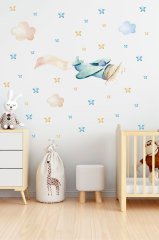 Suluboya Yeşil Uçak Ve Renkli Yıldızlar Çocuk Odası Duvar Sticker