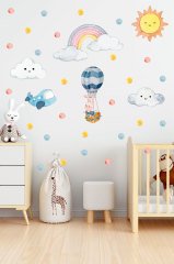 Suluboya Uçanbalon İçerisindeki Tavşan ve Sevimli Gökyüzü Çocuk Odası Duvar Sticker