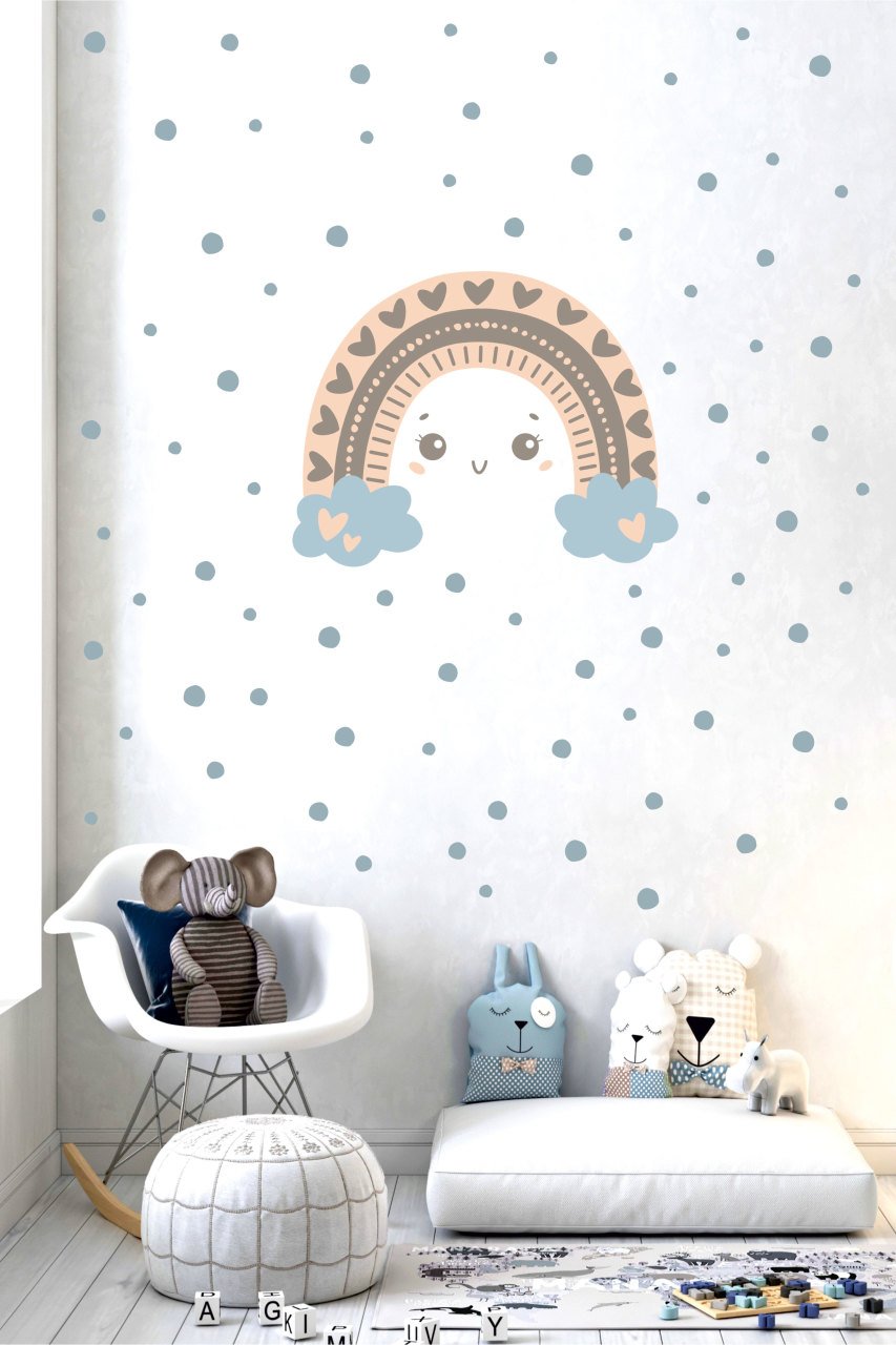 Gülümseyen Gökkuşağı Ve Puantiyeler Çocuk Odası Duvar Sticker