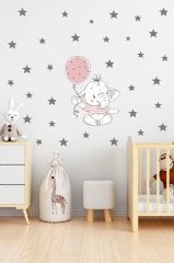 Balonlu Sevimli Pembe Giysili Fil Çocuk Odası Duvar Sticker