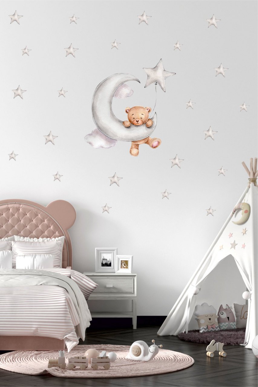 Gri Ay Üzerinde Sallanan Balonlu Sevimli Ayıcık Çocuk Odası Duvar Sticker