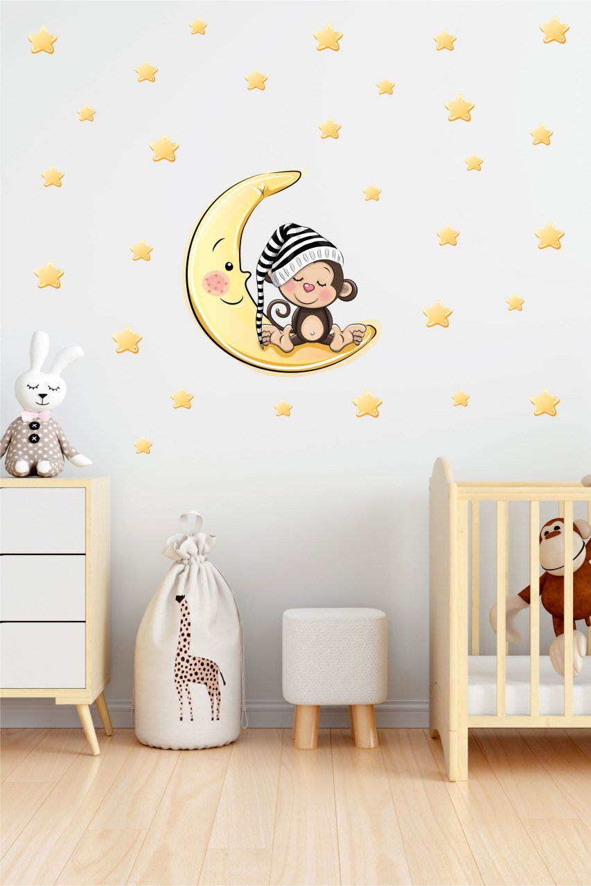 Ay Üzerinde Oturan Sevimli Maymun Çocuk Odası Duvar Sticker