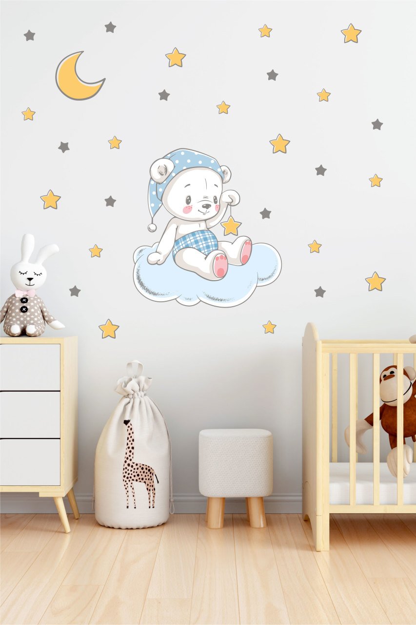 Bulut Üzerinde Oturan Sevimli Mavi Pijamalı Ayıcık Ve Yıldızlar Çocuk Odası Duvar Sticker