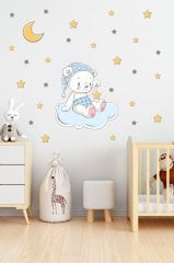 Bulut Üzerinde Oturan Sevimli Mavi Pijamalı Ayıcık Ve Yıldızlar Çocuk Odası Duvar Sticker