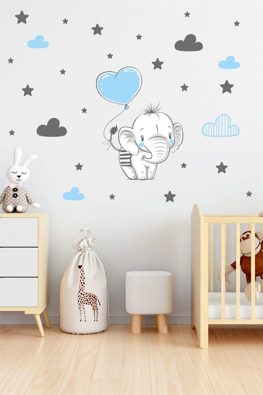 Sevimli Fil, Bulut ve Yıldızlar Çocuk Odası Duvar Sticker