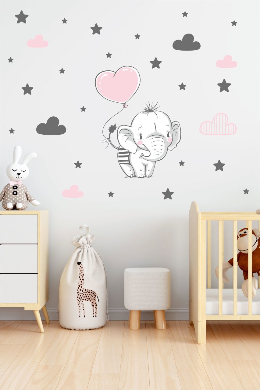 Sevimli Fil, Bulut ve Yıldızlar Çocuk Odası Duvar Sticker