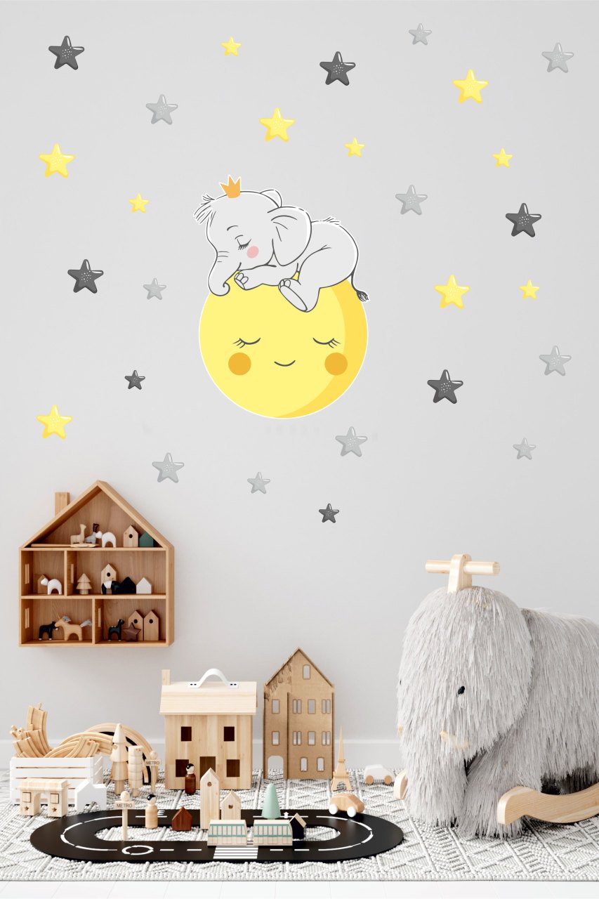 Ay Üstünde Uyuyan Sevimli Fil ve Yıldızlar Çocuk Odası Duvar Sticker