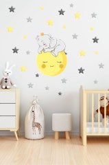 Ay Üstünde Uyuyan Sevimli Fil ve Yıldızlar Çocuk Odası Duvar Sticker