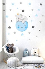 Ay Üstünde Uyuyan Sevimli Fil ve Yıldızlar Çocuk Odası Duvar Sticker