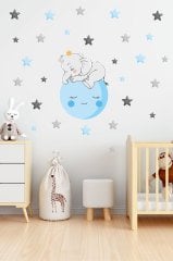 Ay Üstünde Uyuyan Sevimli Fil ve Yıldızlar Çocuk Odası Duvar Sticker