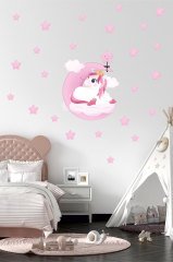 Pembe Ay Üzerinde Uyuyan Sevimli Unicorn Çocuk Odası Duvar Sticker