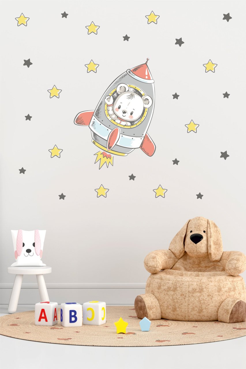 Roket İçindeki  El Sallayan Sevimli Ayıcık Çocuk Odası Duvar Sticker
